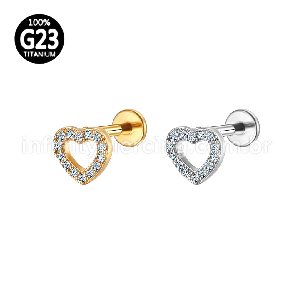 Piercing Labret Titânio Coração Vazado Zircônia Cravejada